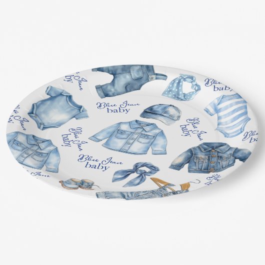 Modern Blue Jean Baby Denim Themed Baby Dusche Pappteller (Schrägansicht)