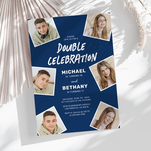 Modern Blue Joint Foto Birthday Party Einladung