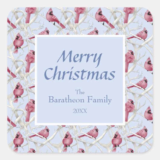 Modern Blue Kardinal Bird Frohe Weihnachten Quadratischer Aufkleber (Vorderseite)