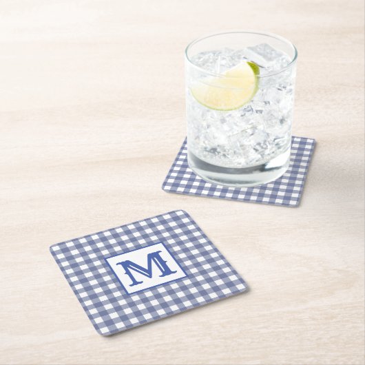 Modern Blue Kariert Monogram Rechteckiger Pappuntersetzer (Vor Ort)