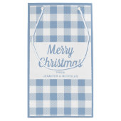 Modern Blue Kariert Script Frohe Weihnachten Kleine Geschenktüte (Rückseite)