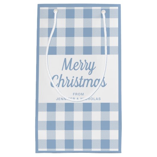 Modern Blue Kariert Script Frohe Weihnachten Kleine Geschenktüte (Vorderseite)