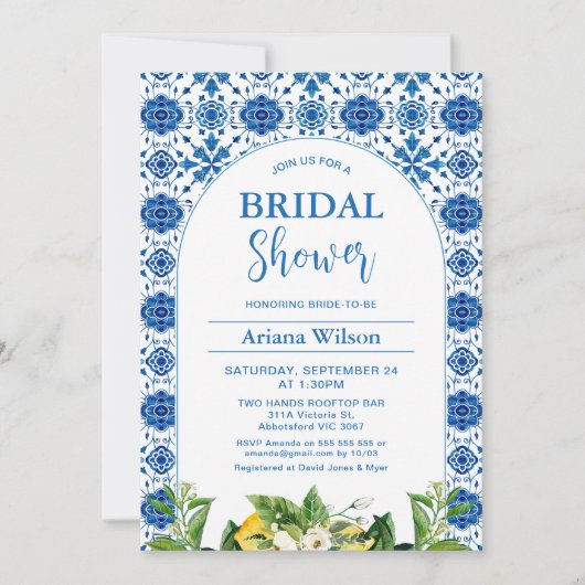 Modern Blue Lemon Tile Bridal Dusche Einladung (Vorderseite)