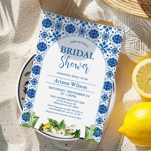 Modern Blue Lemon Tile Bridal Dusche Einladung