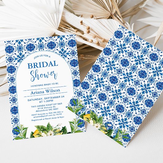 Modern Blue Lemon Tile Bridal Dusche Einladung