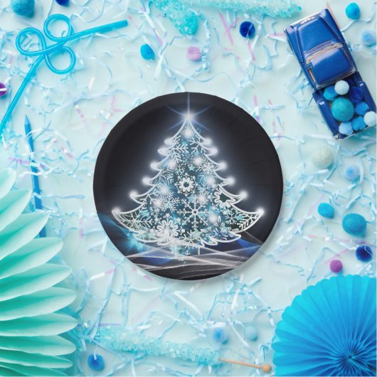 Modern Blue Lighted Christmas Tree Graphic Pappteller (Party)