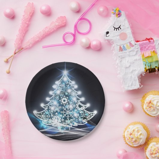 Modern Blue Lighted Christmas Tree Graphic Pappteller (Party)