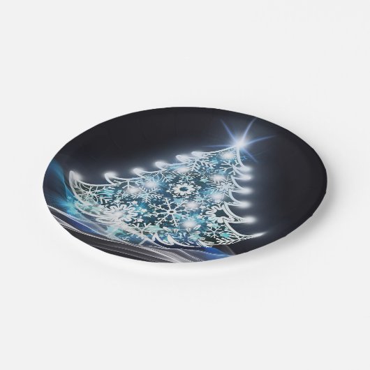 Modern Blue Lighted Christmas Tree Graphic Pappteller (Schrägansicht)