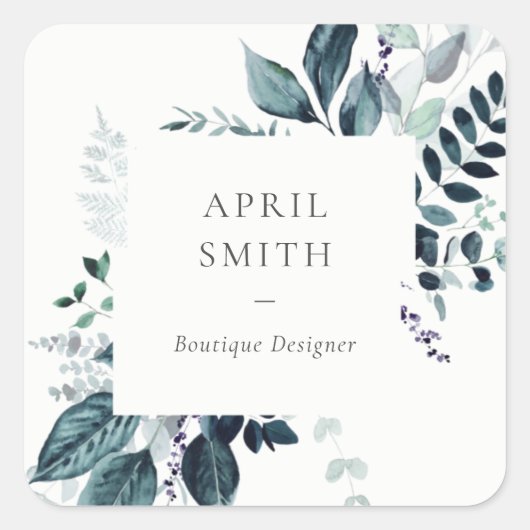 Modern Blue Lila Leafy Tropical Foliage Fern Quadratischer Aufkleber (Vorderseite)