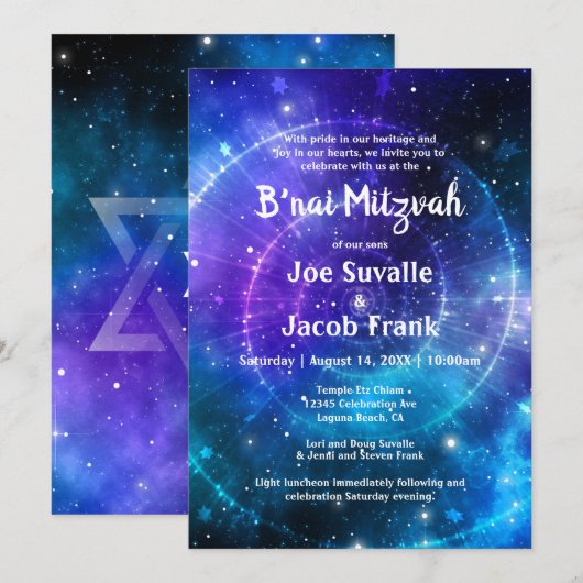 Modern Blue Lila Watercolor Galaxy B'nai Mitzvah Einladung (Vorne/Hinten)