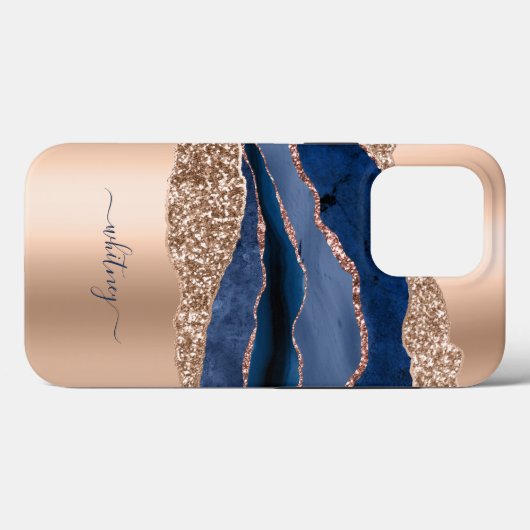 Modern Blue Marble Rose Gold Glitzer Case-Mate iPhone Hülle (Rückseite (Horizontal))