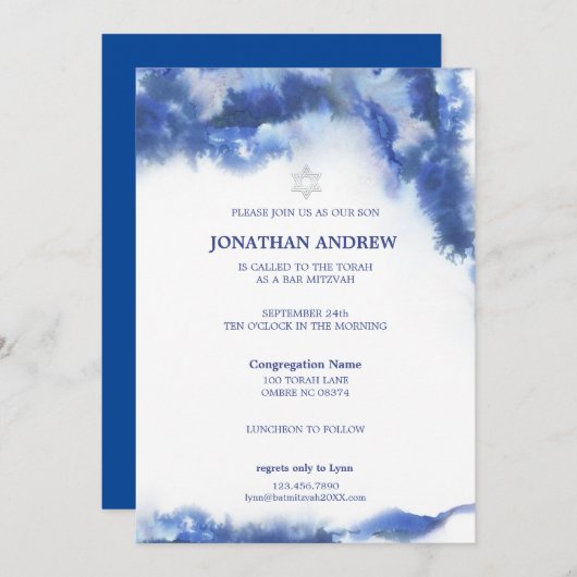 Modern Blue Marbour Ocean Ombre Bar Mitzvah Einladung (Vorne/Hinten)
