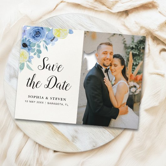 Modern Blue Mediterranean Lemon Wedding Postkarte