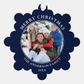 Modern Blue Merry Weihnachten Foto Ornament Karte (Vorderseite)