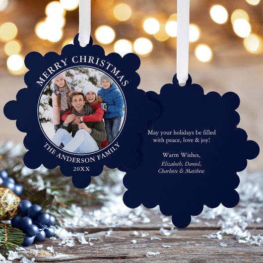 Modern Blue Merry Weihnachten Foto Ornament Karte