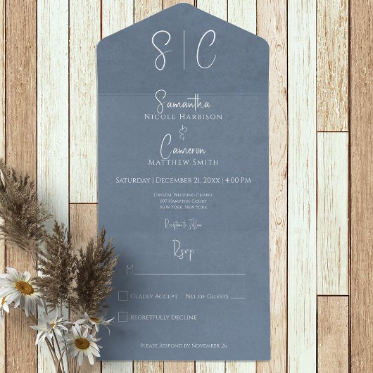 Modern Blue Minimal Monogram No Dinner All In One Einladung