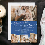 Modern blue minimalist script 5 photos wedding einladung<br><div class="desc">Modern minimalist blue and white script wedding with 5 photo grid collage.</div>