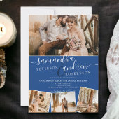 Modern blue minimalist script 5 photos wedding einladung