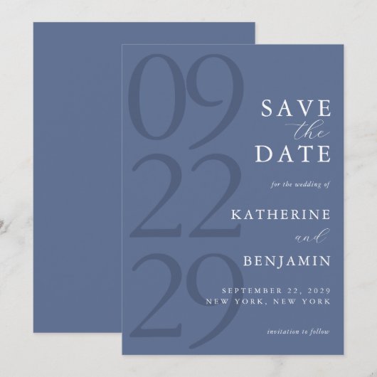 Modern Blue Minimalist Wedding Save The Date (Vorne/Hinten)
