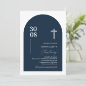 Modern Blue Minimalistisch Arch Boy Christening In Einladung (Stehend Vorderseite)