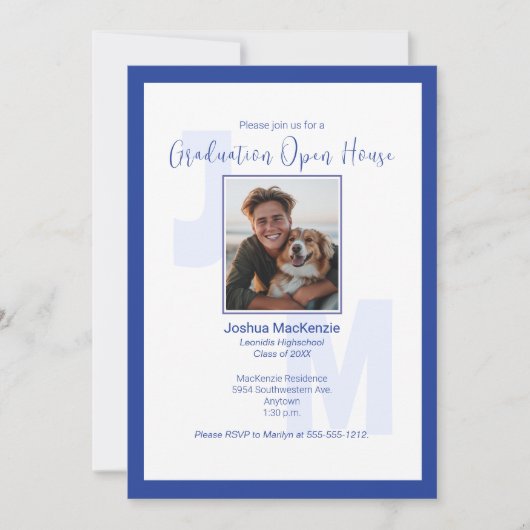 Modern Blue Monogram Foto Abschluss Einladung (Vorderseite)