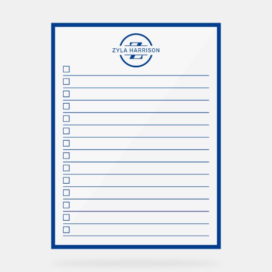 Modern Blue Monogram Name To Do List Dry Erase Acrylschild (Vorderseite)