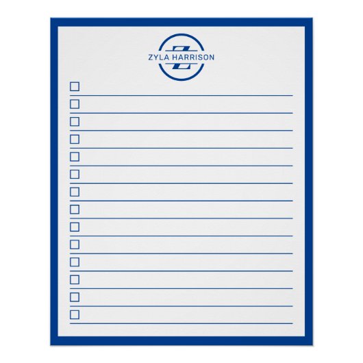 Modern Blue Monogram Name To Do List Poster (Vorderseite)