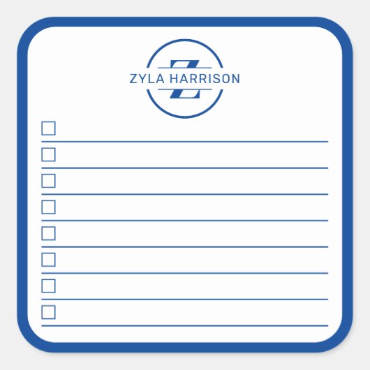 Modern Blue Monogram Name To Do List Quadratischer Aufkleber (Vorderseite)