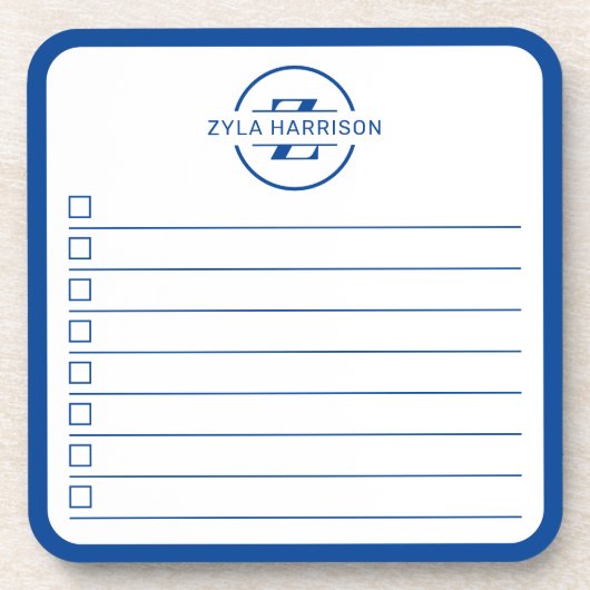 Modern Blue Monogram Name To Do List Whiteboard Getränkeuntersetzer (Vorderseite)