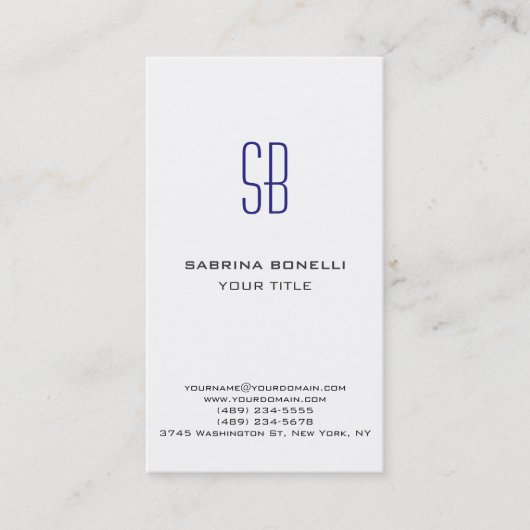Modern Blue Monogram White Niedlich Business Card Visitenkarte (Vorderseite)