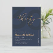 Modern Blue Navy & Gold 30th Birthday Invitation Einladung (Stehend Vorderseite)
