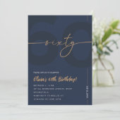 Modern Blue Navy & Gold 60th Birthday Invitation Einladung (Stehend Vorderseite)