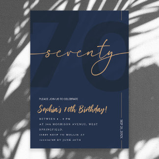 Modern Blue Navy & Gold 70th Birthday Invitation Einladung