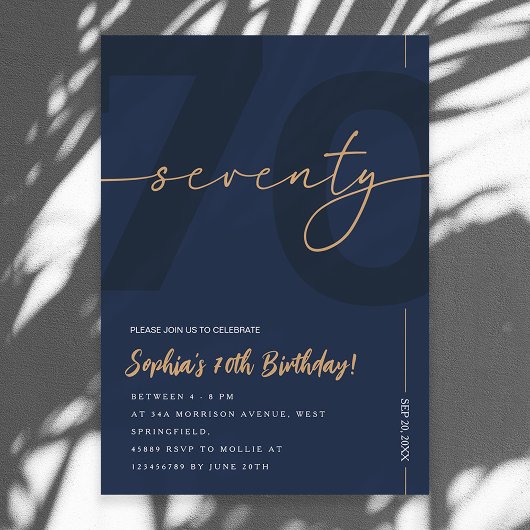 Modern Blue Navy & Gold 70th Birthday Invitation Einladung