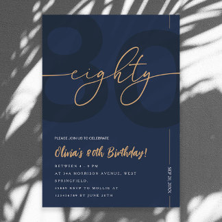 Modern Blue Navy & Gold 80th Birthday Invitation Einladung