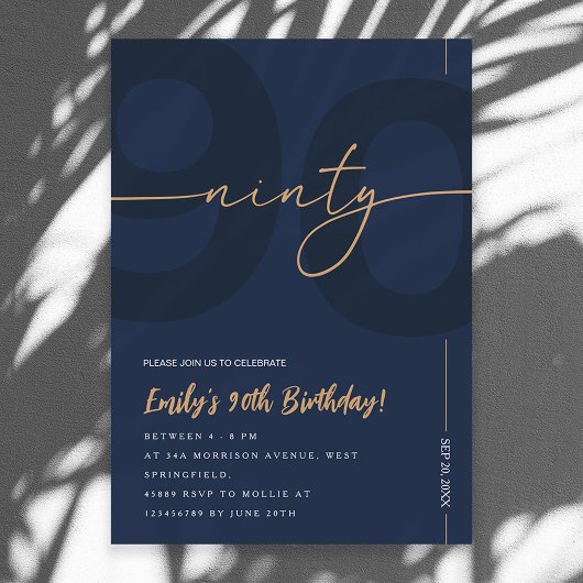 Modern Blue Navy & Gold 90th Birthday Invitation Einladung