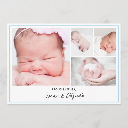 Modern Blue Newborn Baby Photo Collage Birth Ankündigung (Rückseite)