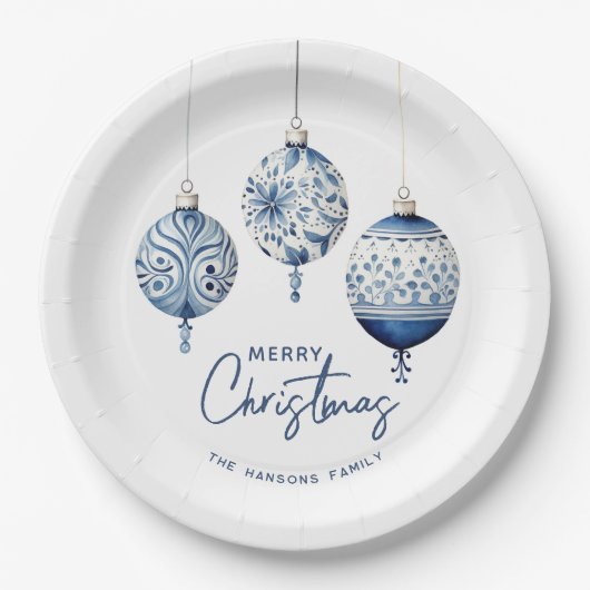 Modern Blue Nordic Style Ornaments Frohe Weihnacht Pappteller (Vorderseite)
