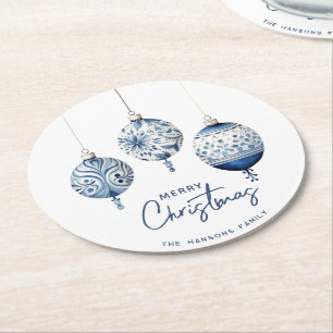 Modern Blue Nordic Style Ornaments Frohe Weihnacht Runder Pappuntersetzer