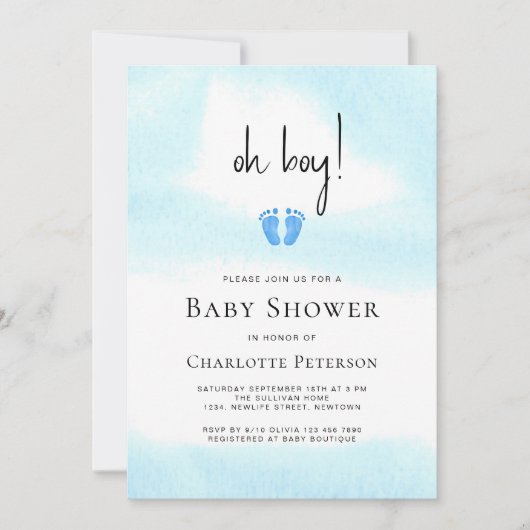 Modern Blue Oh Boy Baby Dusche Einladung (Vorderseite)