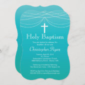 Modern Blue Ombre Garland Cross Heilige Taufe Einladung (Vorne/Hinten)