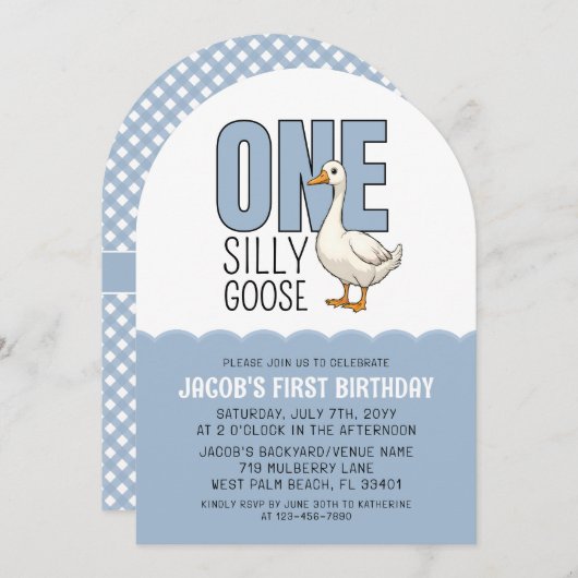 Modern Blue One Silly Goose 1st Birthday Party Einladung (Vorne/Hinten)
