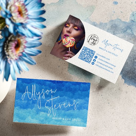 Modern Blue Paint Beauty Makeup Haar Logo qr Visitenkarte