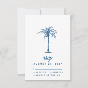 Modern Blue Palm Tropical Beach Wedding RSVP Karte