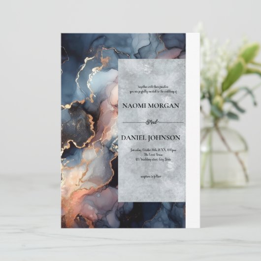 Modern Blue & Peach Marble Agate Einladung (Stehend Vorderseite)