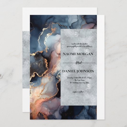 Modern Blue & Peach Marble Agate Einladung (Vorne/Hinten)