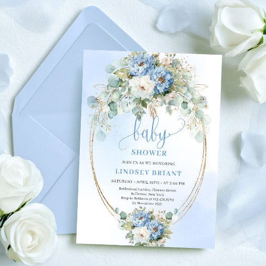 Modern Blue Peony Gold Frame Baby Shower Invite Einladung