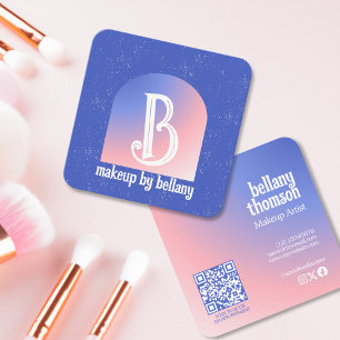 Modern Blue Pink Gradient Monogram Makeust Artist Quadratische Visitenkarte