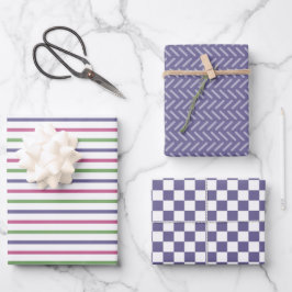 Modern Blue, Pink, Green Stripes, Blue Checkered Geschenkpapier Set