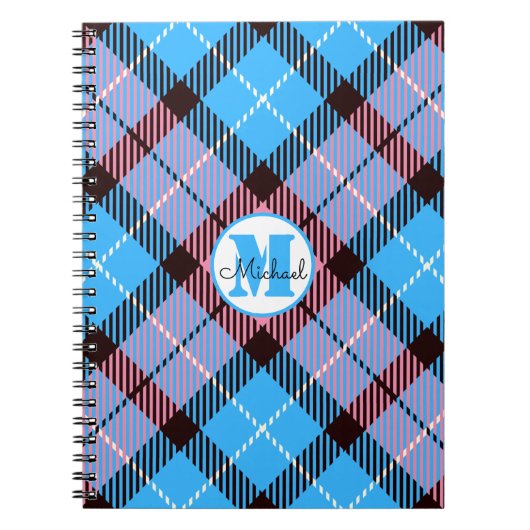 Modern Blue Pink Kariert Tartan Monogram Script Na Notizblock (Vorderseite)